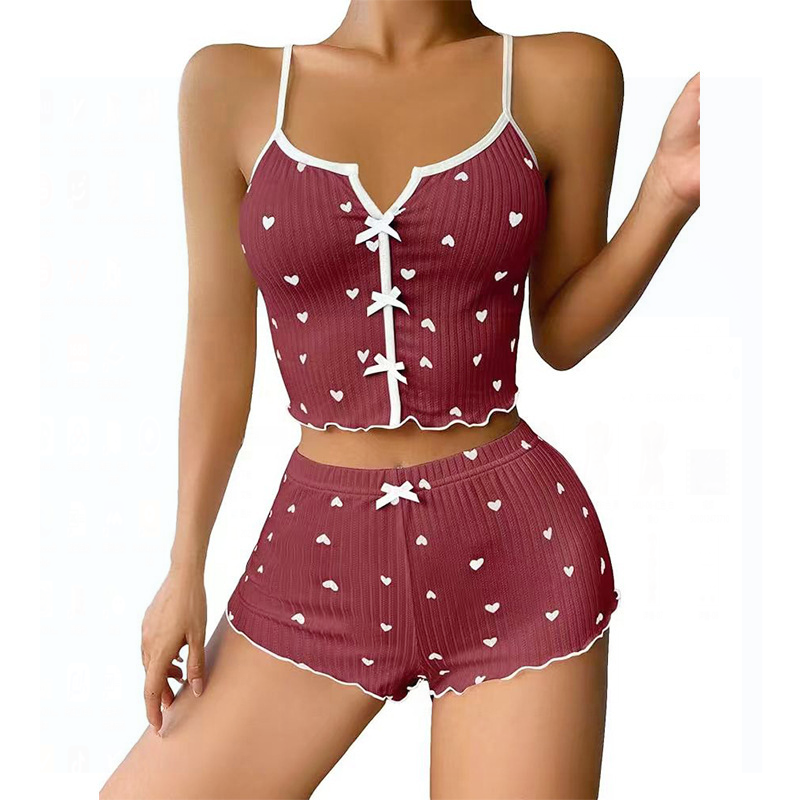 Fashion Wind Ladies' Homewear 2025 New Arrival Knitting Pit Heart Printing Stylish Suspender Shorts Pajamas Suit