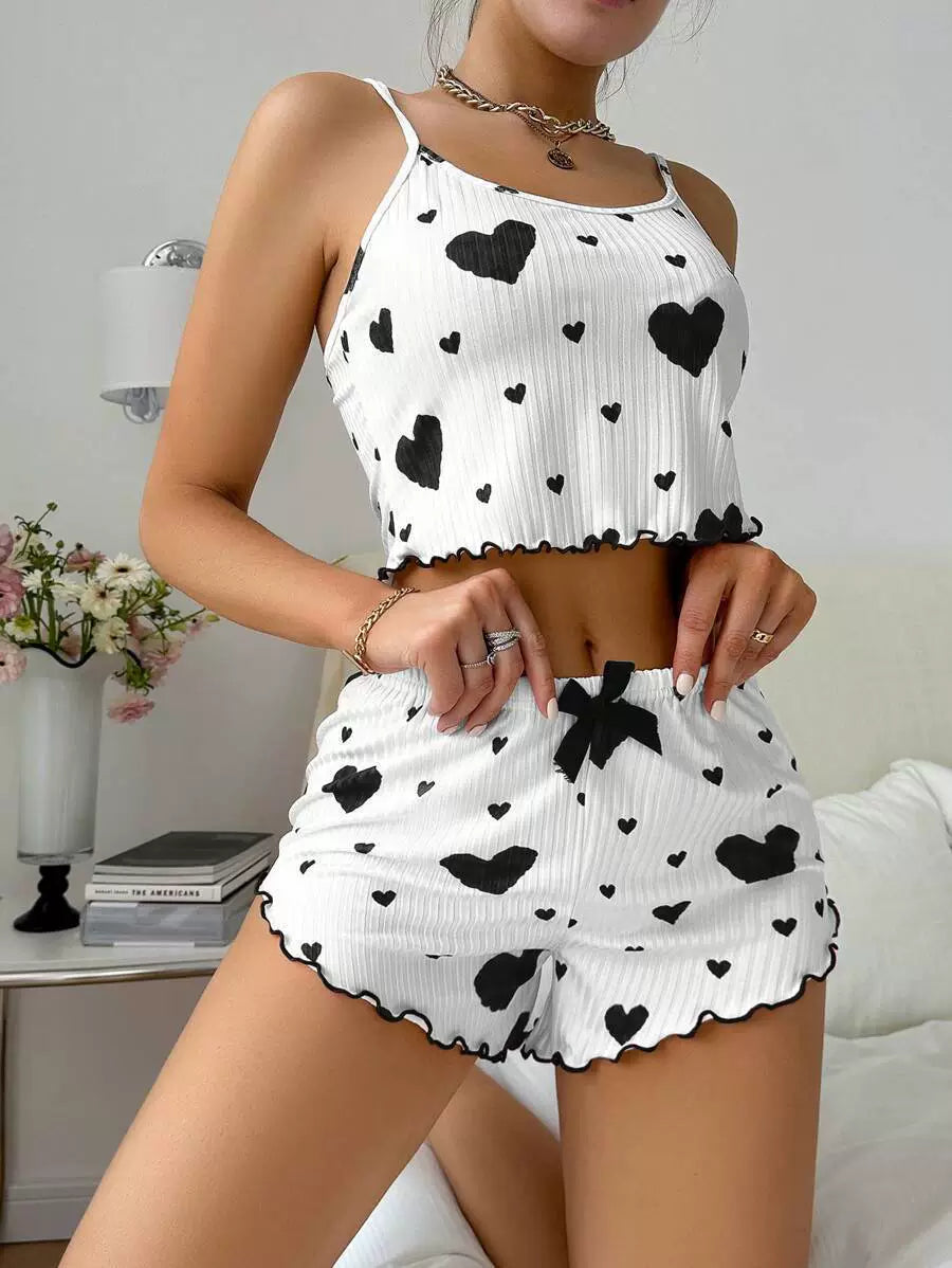 Fashion Wind Ladies' Homewear 2025 New Arrival Knitting Pit Heart Printing Stylish Suspender Shorts Pajamas Suit