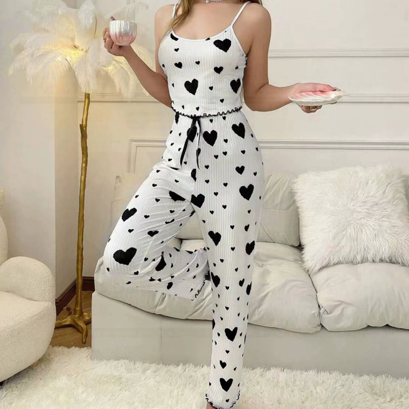Fashion Wind Ladies' Homewear 2025 New Arrival Knitting Pit Heart Printing Stylish Suspender Shorts Pajamas Suit