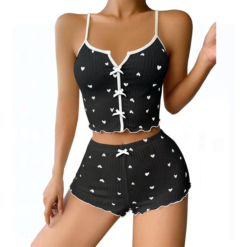 Fashion Wind Ladies' Homewear 2025 New Arrival Knitting Pit Heart Printing Stylish Suspender Shorts Pajamas Suit