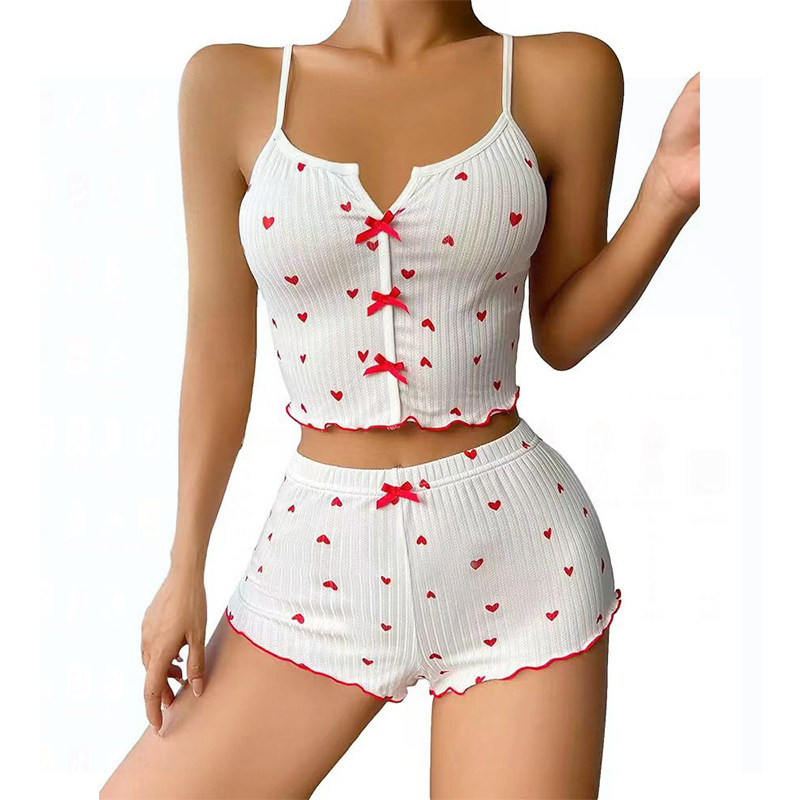 Fashion Wind Ladies' Homewear 2025 New Arrival Knitting Pit Heart Printing Stylish Suspender Shorts Pajamas Suit