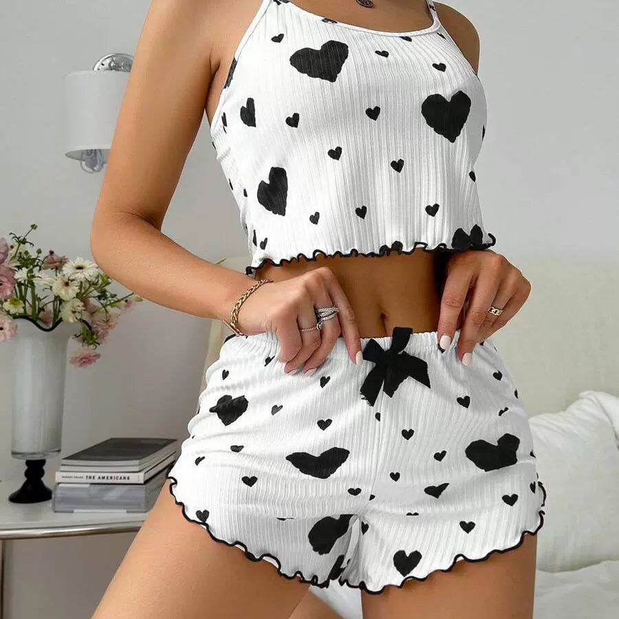 Fashion Wind Ladies' Homewear 2025 New Arrival Knitting Pit Heart Printing Stylish Suspender Shorts Pajamas Suit