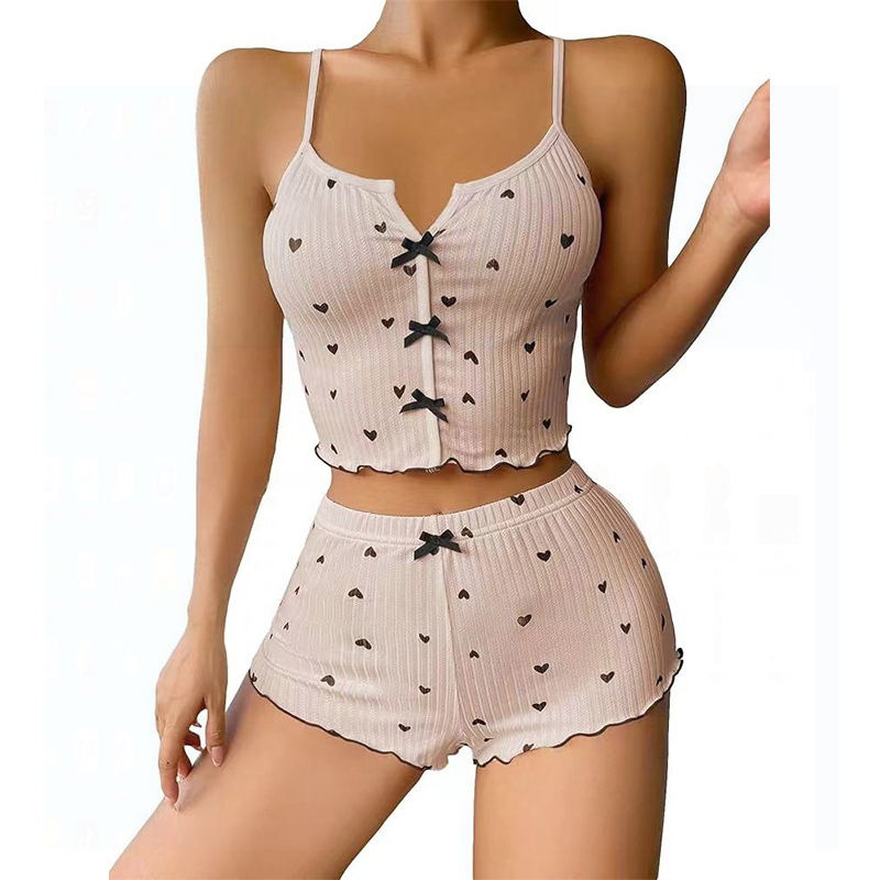 Fashion Wind Ladies' Homewear 2025 New Arrival Knitting Pit Heart Printing Stylish Suspender Shorts Pajamas Suit