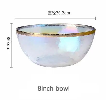 Ins Gold Gdge Glass Plate Bowl, Nordic Tableware, Steak Plate Creative Tray, Fruit Salad Transparent Colorful Plates, 1 piece