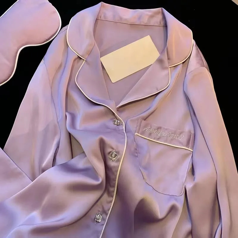 High Quality Ice Silk Light Luxury Pajamas Women's Pajama Spring and Autumn Style Long Sleeve Home Set Nightwear Sleepwear