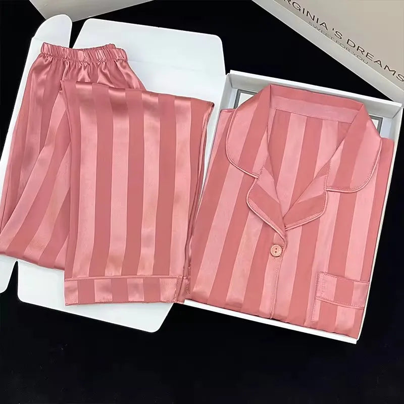 High Quality Ice Silk Light Luxury Pajamas Women's Pajama Spring and Autumn Style Long Sleeve Home Set Nightwear Sleepwear