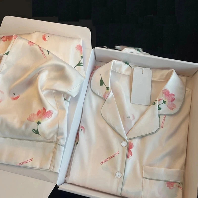 High Quality Ice Silk Light Luxury Pajamas Women's Pajama Spring and Autumn Style Long Sleeve Home Set Nightwear Sleepwear