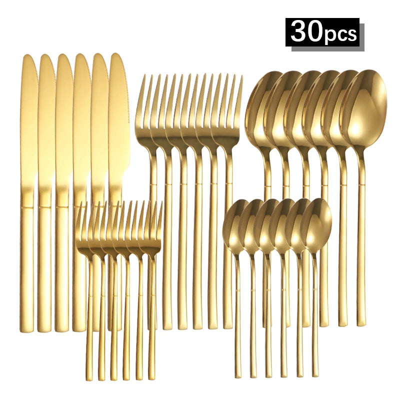 6/30pcs Stainless steel cutlery set, high-end steak knife, fork, dessert spoon, suitable for restaurant banquets parties