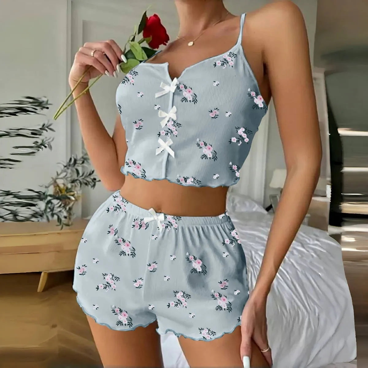 2Pcs Set Sleepwear Women's Summer Pajama Set Flower Print Sexy Ribbed Bow Decor V Neck Backless Crop Cami Top Shorts Nightwear