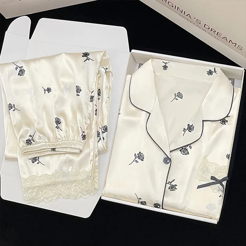 High Quality Ice Silk Light Luxury Pajamas Women's Pajama Spring and Autumn Style Long Sleeve Home Set Nightwear Sleepwear