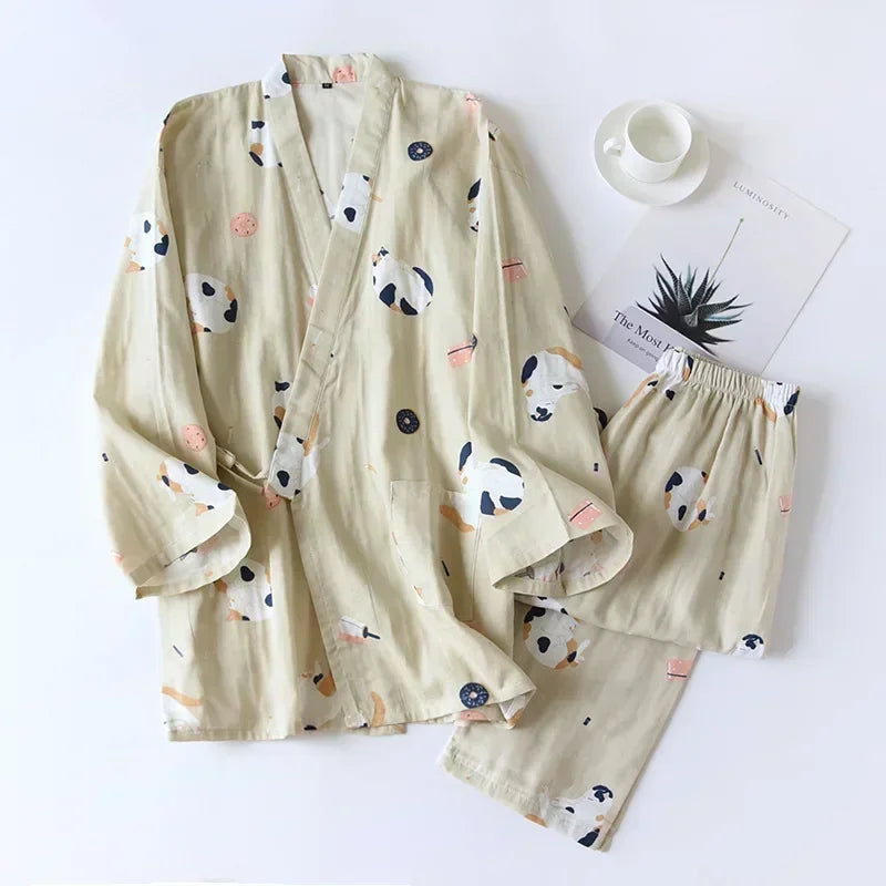 2025 new seven-sleeve Japanese-style kimono pajamas set female spring and autumn 100% cotton gauze home clothes cute sweet two-p