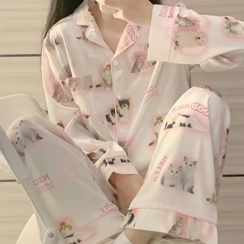 High Quality Ice Silk Light Luxury Pajamas Women's Pajama Spring and Autumn Style Long Sleeve Home Set Nightwear Sleepwear