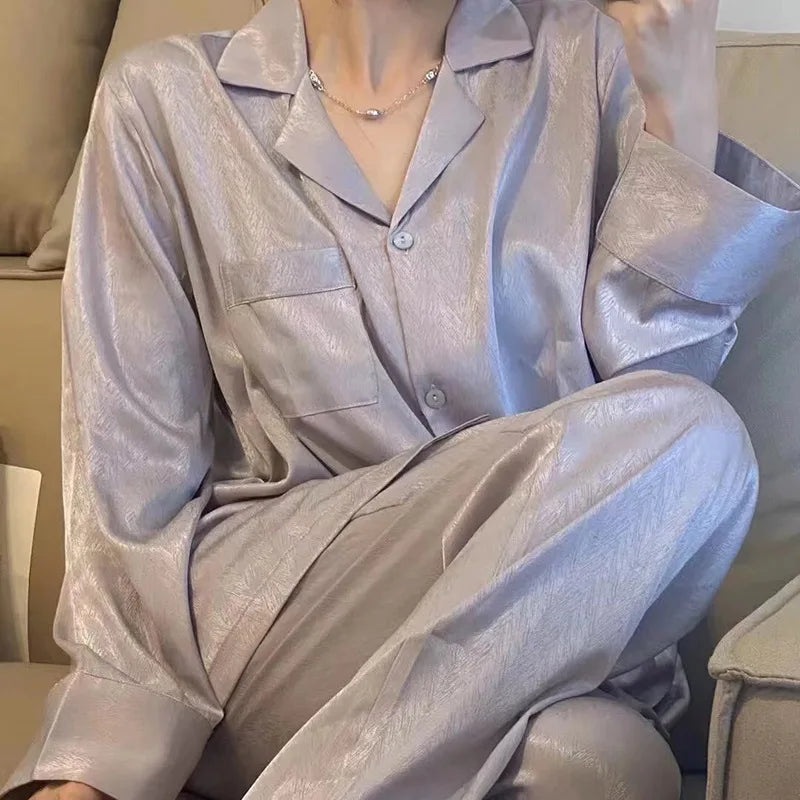 High Quality Ice Silk Light Luxury Pajamas Women's Pajama Spring and Autumn Style Long Sleeve Home Set Nightwear Sleepwear