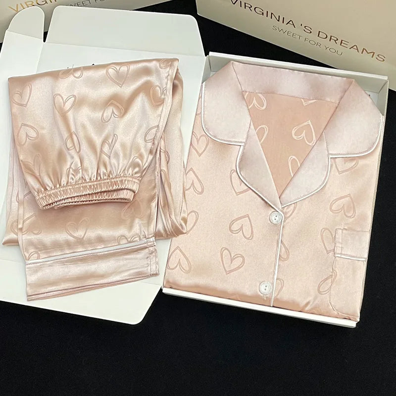 High Quality Ice Silk Light Luxury Pajamas Women's Pajama Spring and Autumn Style Long Sleeve Home Set Nightwear Sleepwear