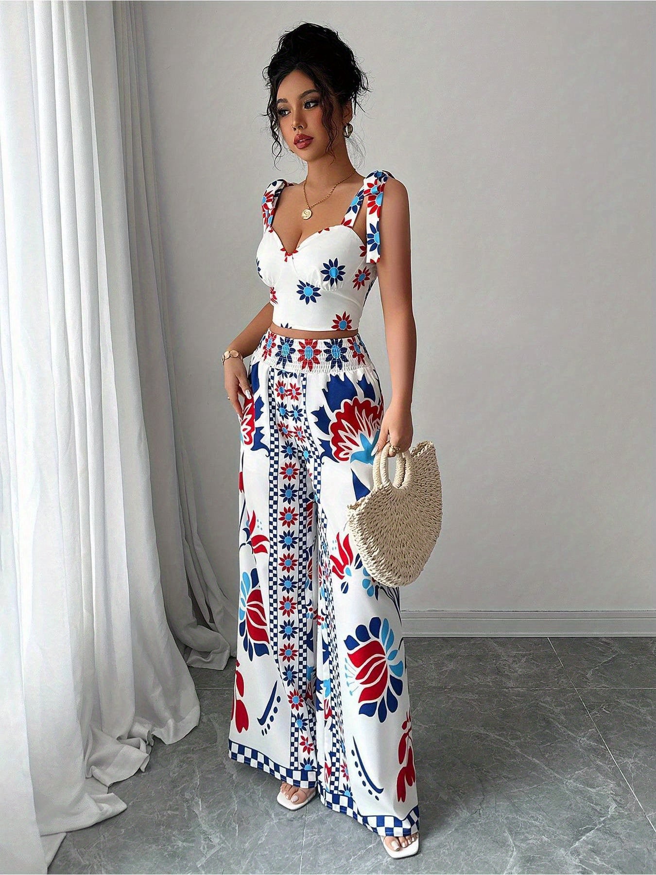 Women'S Elegant Geometric Print Wide-Leg Pantsuit - Sleeveless, Polyester, All-Season, Casual to Formal Attire, Casual Attire|Geometric Print Pantsuit|Polyester Fabric