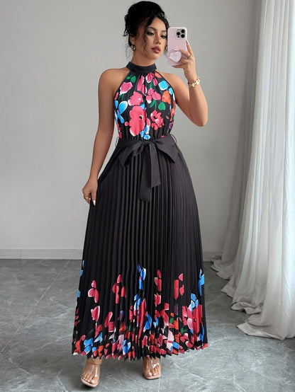 [Elegant Floral Print Dress] Women's Elegant Floral Print Sleeveless A-Line Dress - Vibrant Pink Round Neck Machine-Washable Spring/Summer Casual & Formal Wear, Floral Print Dress, No Stretch Fabric