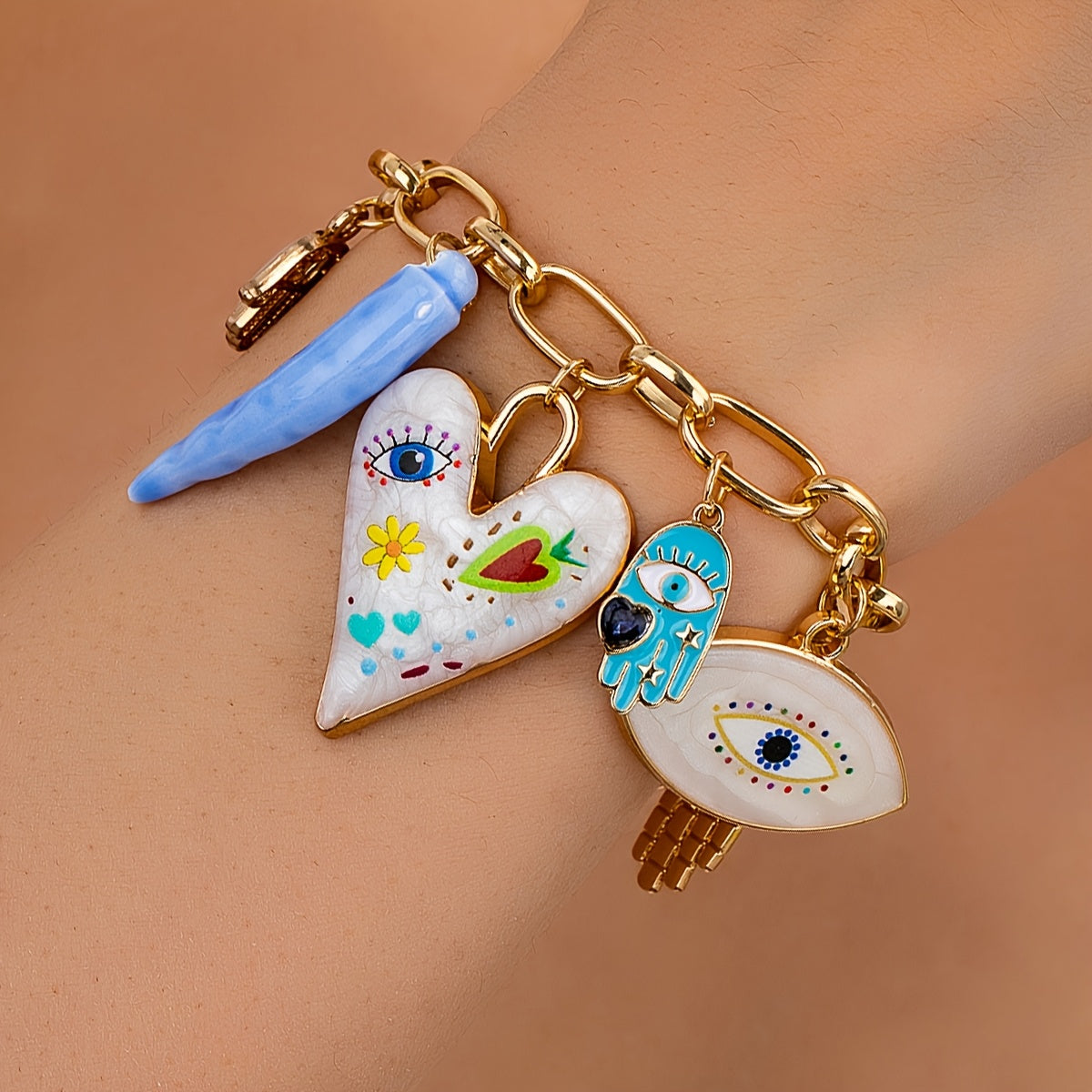1pc Elegant Zinc Alloy Bracelet with Evil Eye, Hamasa Hand, Glass Beads & Cross Charm - Versatile Party Accessory for Women, Ideal for Music Festivals - All Seasons Wear