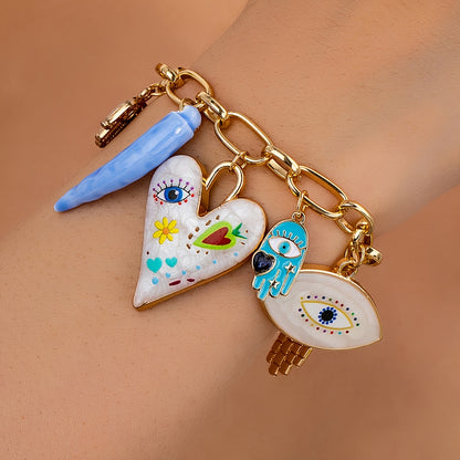 1pc Elegant Zinc Alloy Bracelet with Evil Eye, Hamasa Hand, Glass Beads & Cross Charm - Versatile Party Accessory for Women, Ideal for Music Festivals - All Seasons Wear