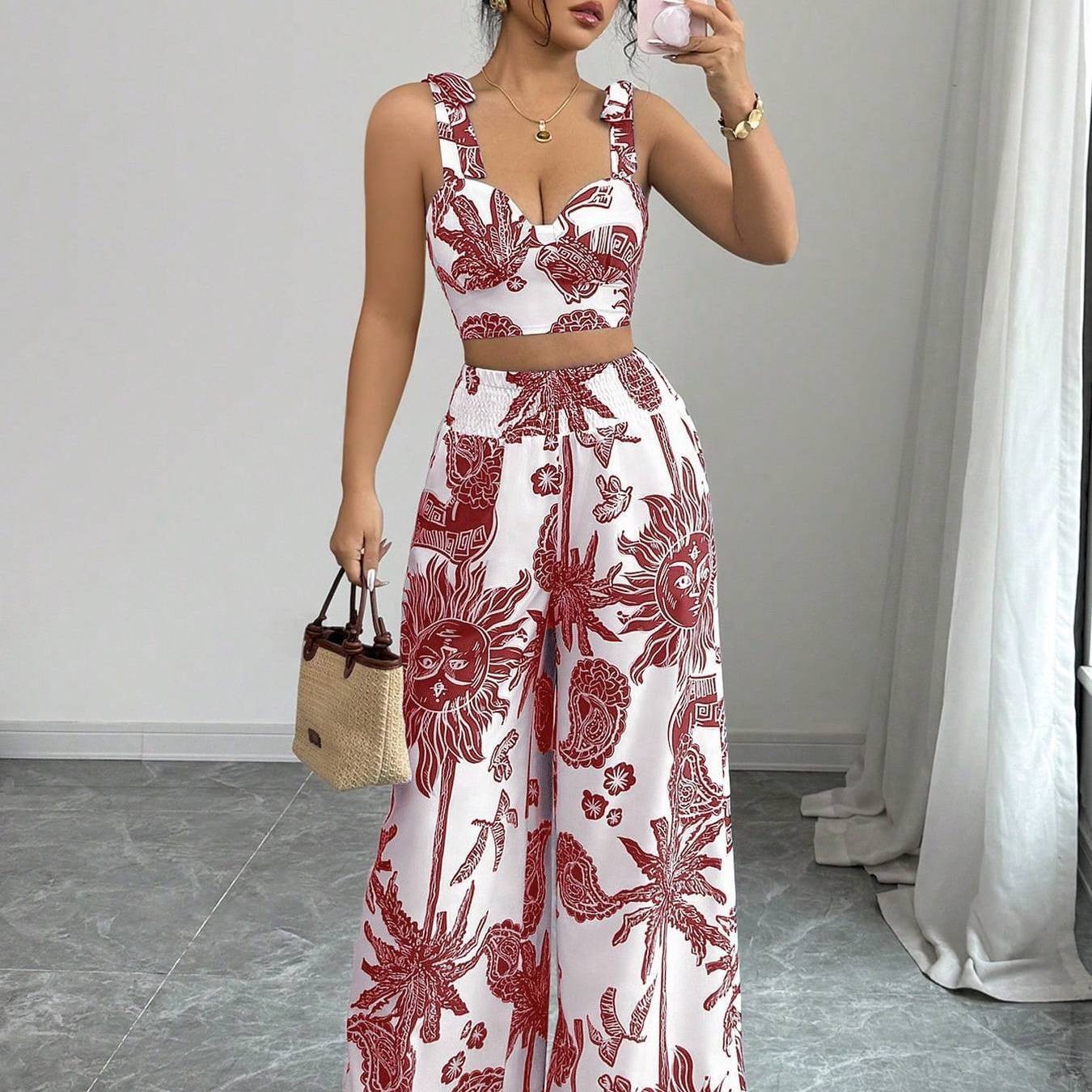Digital Printing Random Printing Vest Wide Leg Pants Two-Piece Set