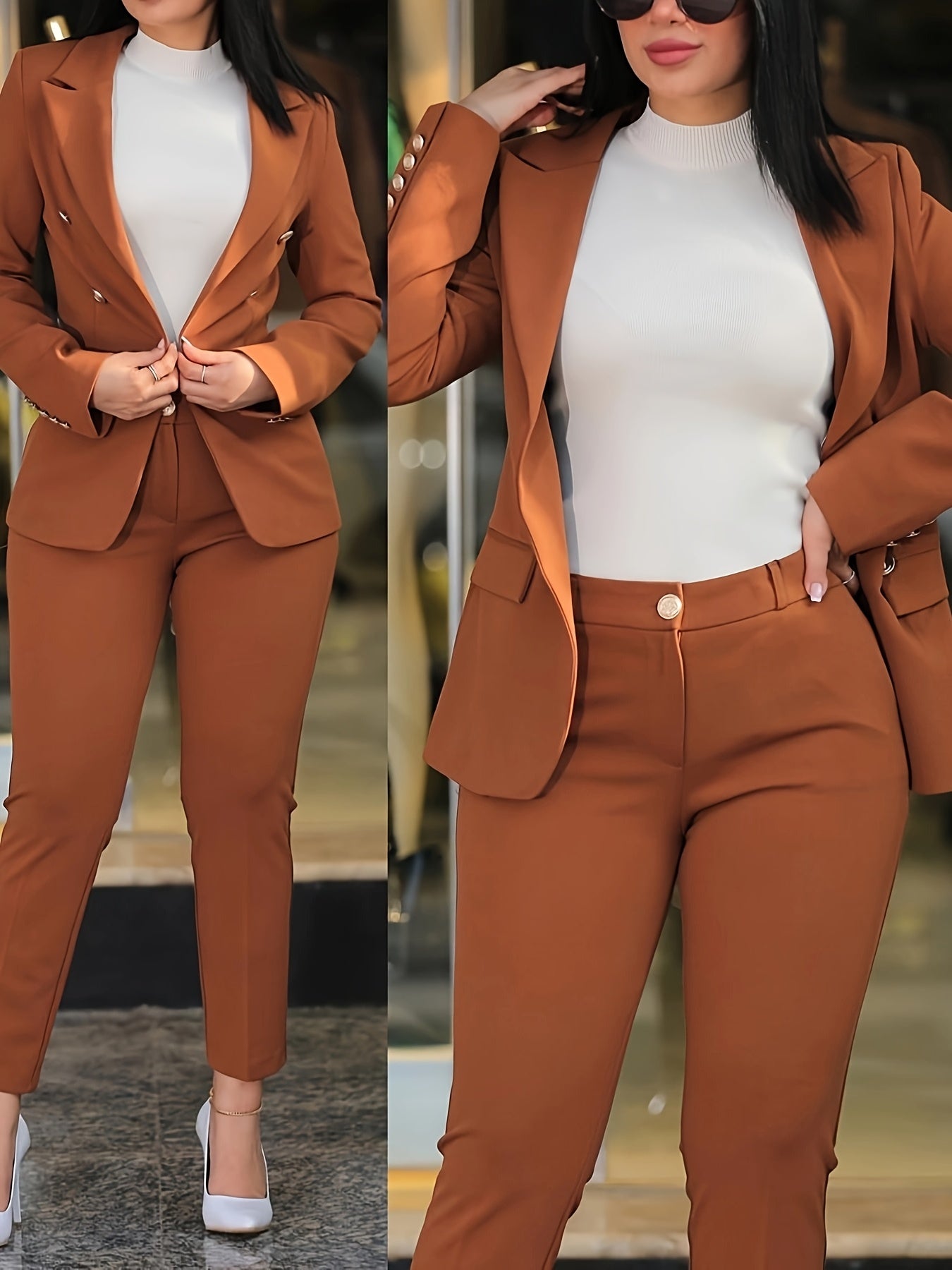 2025 New Women'S Casual Fashion Business Suit, Solid Color, V-Neck, Double-Breasted, Long Sleeve, Regular Length, with Button Details, for Adult, All-Season