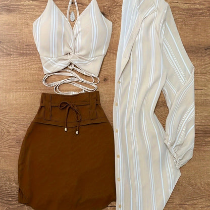 Striped Bralette + Drawstring Skirt + Striped Shirt Three-Piece Set