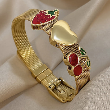 1pc Stainless Steel Vintage-Style Golden & Silvery Enamel Strawberry & Cherry Bracelet for Women, Men, - Exaggerated Statement Bangles, Perfect for Daily Wear, Parties, and Gifts, Cute Bracelet