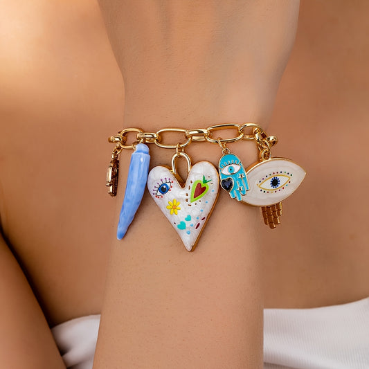 1pc Elegant Zinc Alloy Bracelet with Evil Eye, Hamasa Hand, Glass Beads & Cross Charm - Versatile Party Accessory for Women, Ideal for Music Festivals - All Seasons Wear