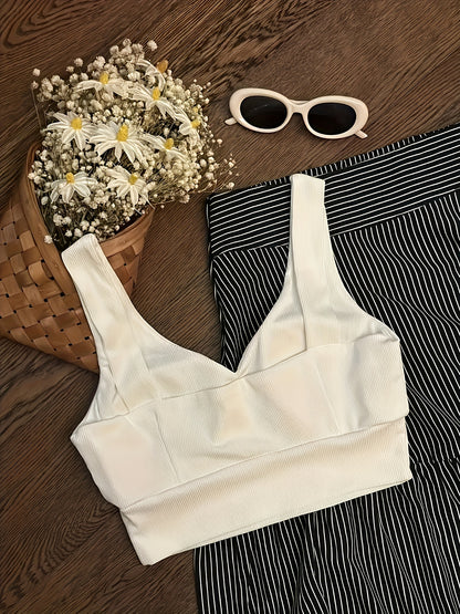 Elegant 2pcs Set for Women - Chic V-Neck Pleated High Waist Wide Skirt with Suspender Vest, Striped Skirt, All-Season Fashion, Casual Attire|Vneck Top|Suspender Vest, Vacation Outfit|Vacation Ready|Vacation Essentials, Vacati