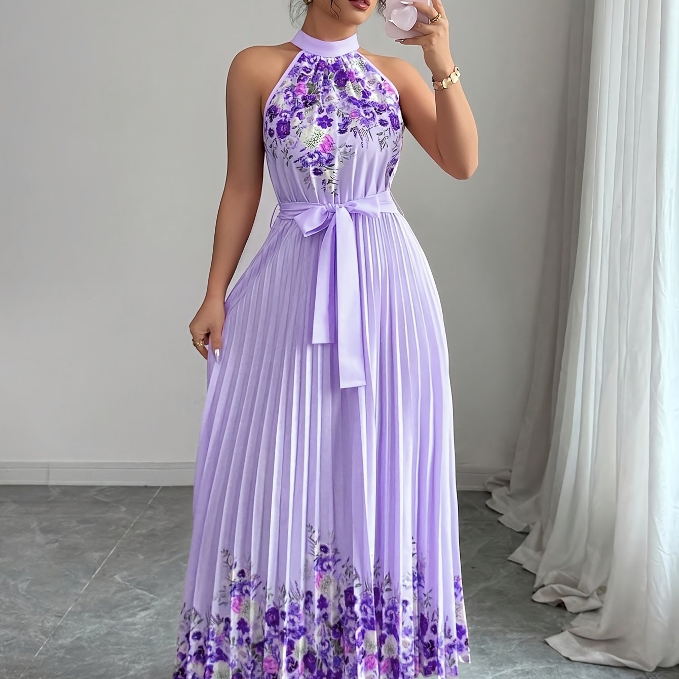 [Elegant Floral Print Dress] Women's Elegant Floral Print Sleeveless A-Line Dress - Vibrant Pink Round Neck Machine-Washable Spring/Summer Casual & Formal Wear, Floral Print Dress, No Stretch Fabric