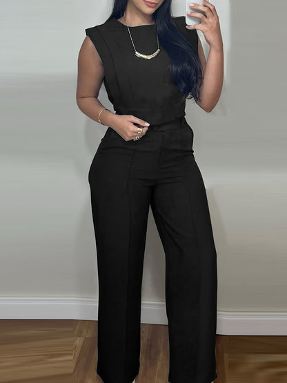 [Casual Top Set] 2pcs Crop Top And Straight Pants Set | Round Neck Cap Sleeve Casual Pocket Design