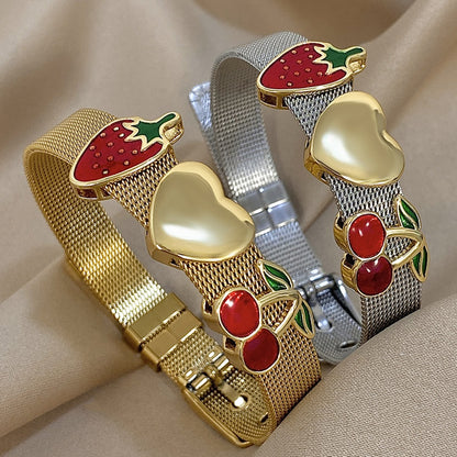 1pc Stainless Steel Vintage-Style Golden & Silvery Enamel Strawberry & Cherry Bracelet for Women, Men, - Exaggerated Statement Bangles, Perfect for Daily Wear, Parties, and Gifts, Cute Bracelet