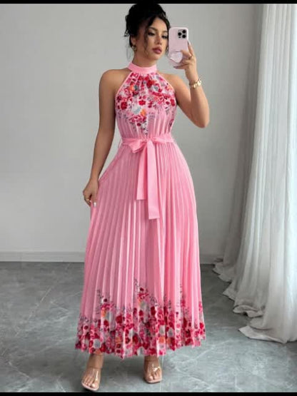 [Elegant Floral Print Dress] Women's Elegant Floral Print Sleeveless A-Line Dress - Vibrant Pink Round Neck Machine-Washable Spring/Summer Casual & Formal Wear, Floral Print Dress, No Stretch Fabric