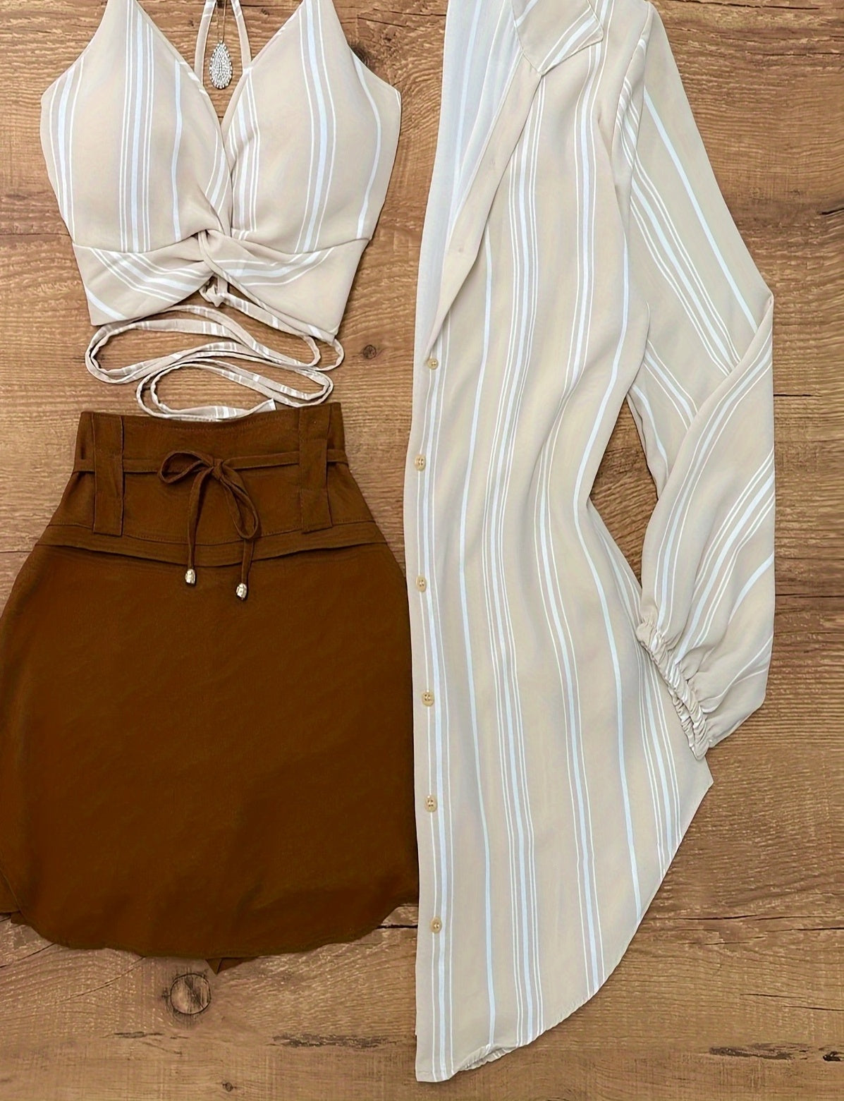 Striped Bralette + Drawstring Skirt + Striped Shirt Three-Piece Set