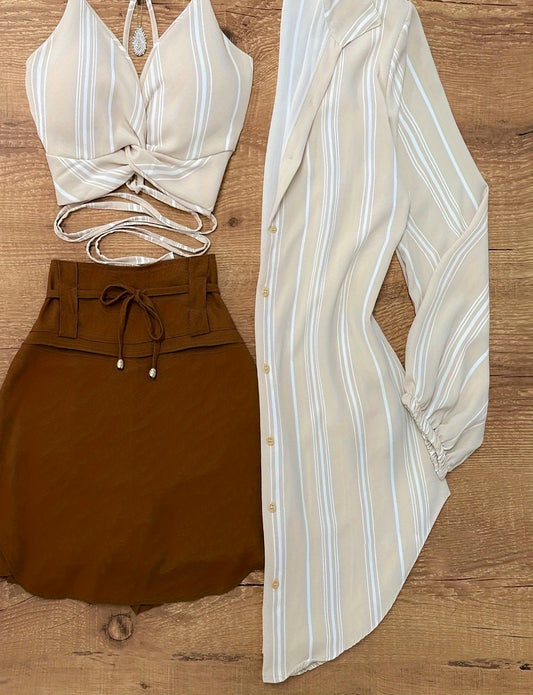 Striped Bralette + Drawstring Skirt + Striped Shirt Three-Piece Set