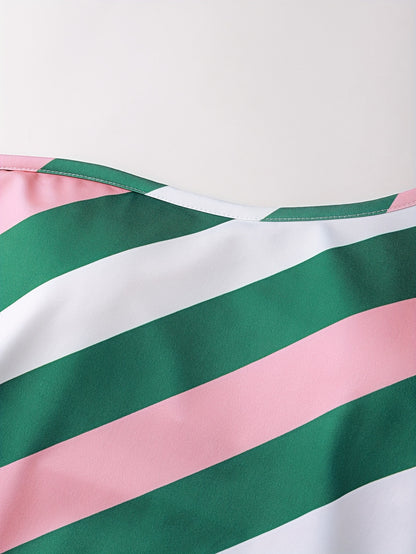 2pcs Striped Top + Green Skirt Set