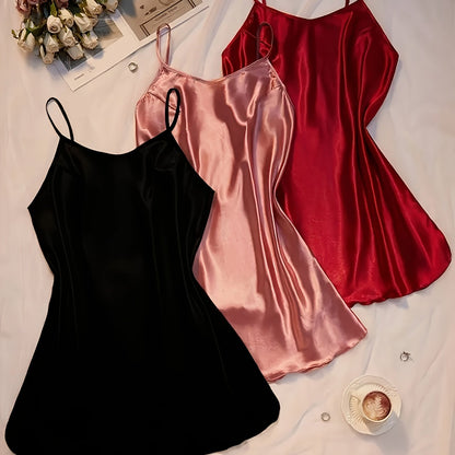 3pcs Comfortable Solid Color Satin Sleeping Skirt Non Elastic Soft Fabric Sexy V-neck Strap Skirt Home Sleeping Skirt