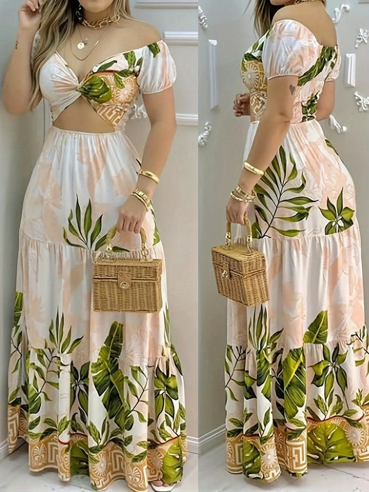 Women'S Sexy Off-Shoulder Party dress - Floral print in Beige/White/ Green/, A-Line Formal & casual event gown for Beach, Nightclub, Everyday Outfits - Elegant Evening Dress, Beach Dresses, Nightclub Attire, Crossback Straps,