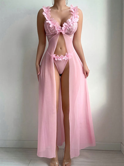 2 Sets Of Europe And The United States Sexy Love Interest Pajamas Female Temptation Open Fork See-through Halter Dress Long Skirt Thong Pants Two Sets to Send A Lover Gift Lover