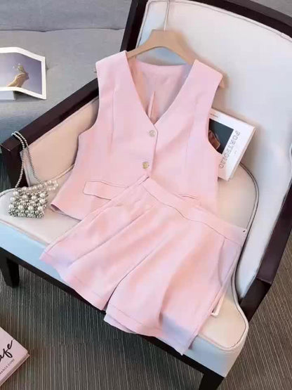[Stylish Summer Set] Elegant and Stylish Pink Vest and Shorts Set for Women | Summer Outfit Ensemble