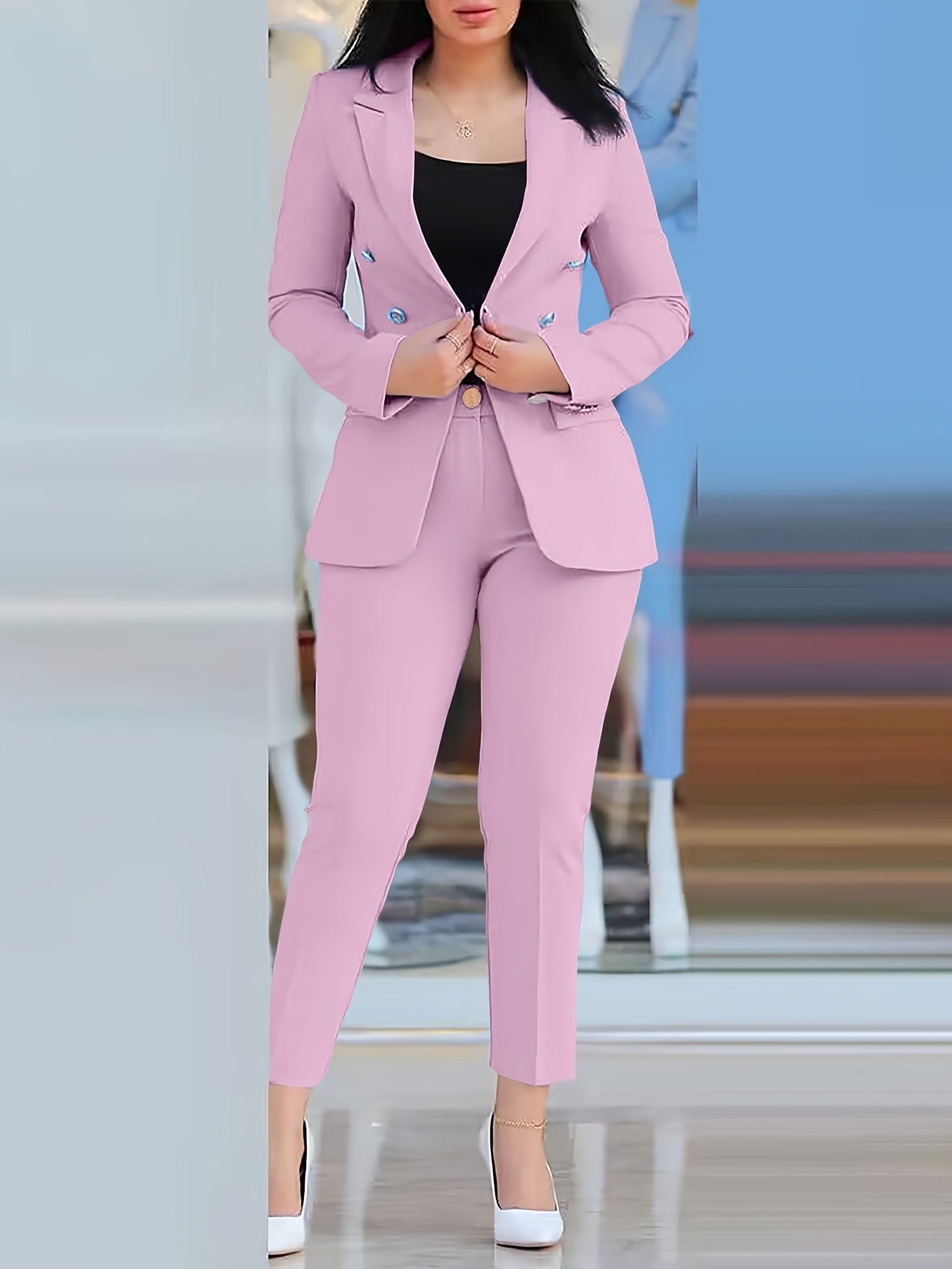 2025 New Women'S Casual Fashion Business Suit, Solid Color, V-Neck, Double-Breasted, Long Sleeve, Regular Length, with Button Details, for Adult, All-Season