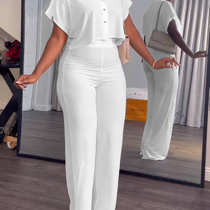 [Summer|Casual] 2pcs Women's Summer Casual | Short Sleeve Button Crop Top Wide Leg Long Pant Lounge Sets