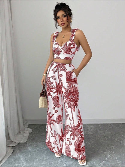 Digital Printing Random Printing Vest Wide Leg Pants Two-Piece Set