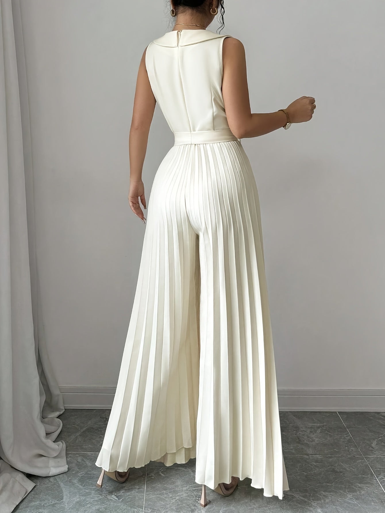 [Elegant Jumpsuit] Sleeveless Elegant Apricot Double-Breasted Pleated Jumpsuit for Women | High-Waisted, Polyester Blend, Perfect for Spring & Fall, Adult Size