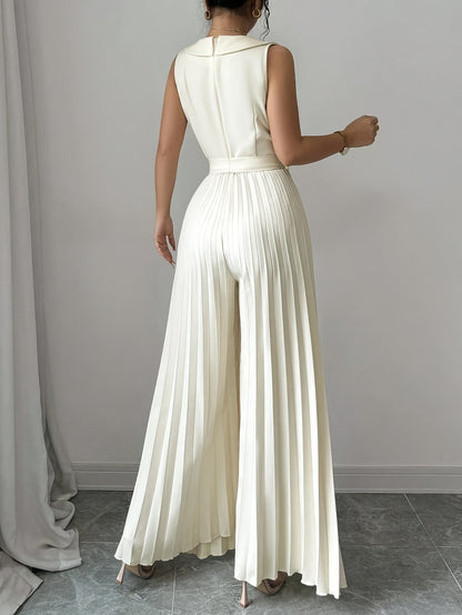 [Elegant Jumpsuit] Sleeveless Elegant Apricot Double-Breasted Pleated Jumpsuit for Women | High-Waisted, Polyester Blend, Perfect for Spring & Fall, Adult Size