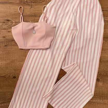 Women's Premium Pink Slimming Suspenders + Vertical Stripe Wide Leg Pants, Visual Lengthening and Slimming, Versatile and Comfortable