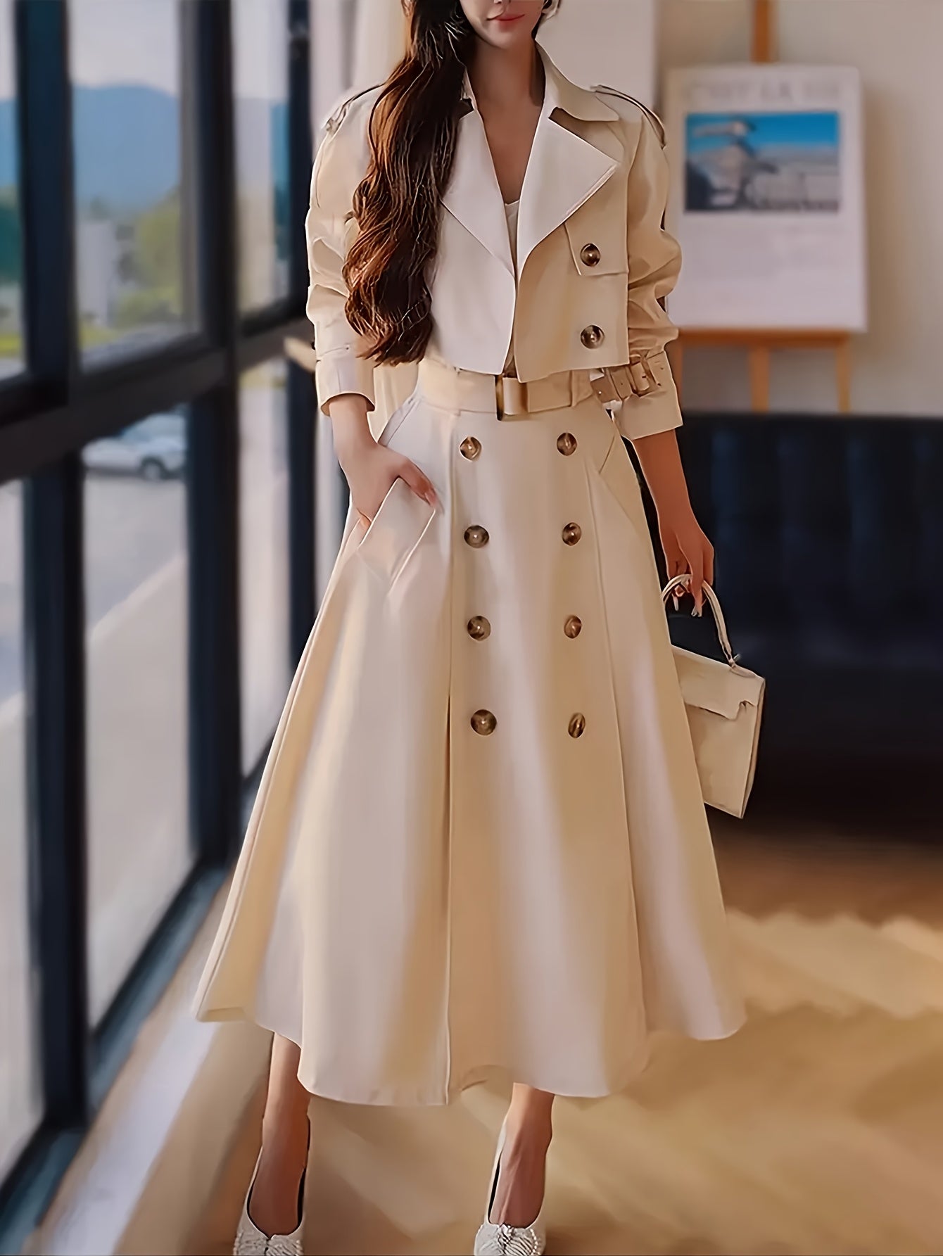 2025 New Arrivals In Elegant Style: Stylish Set Of Short Windbreaker Coat + High-waist Double-breasted Skirt, Perfect for Office Commuting.