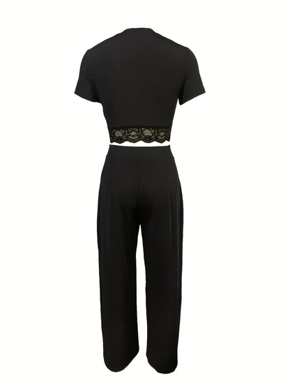 Bohemian Women'S Two-Piece Set: Solid Color Short Sleeve T-Shirt and High-Waisted Wide Leg Pants, Elegant Long Sleeve Round Neck Crop Top and Loose Wide Leg Pants for Spring/Summer, Women'S Clothing