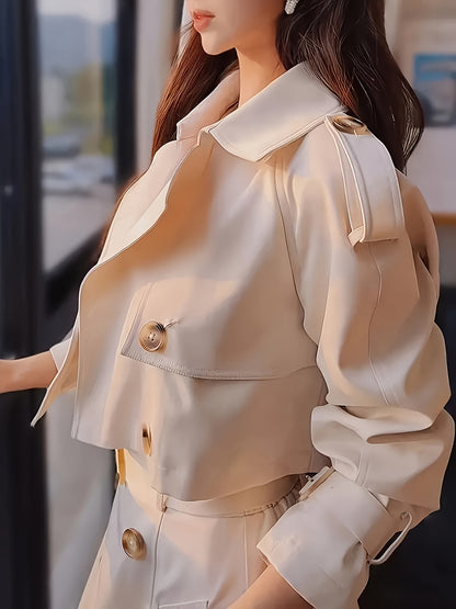 2025 New Arrivals In Elegant Style: Stylish Set Of Short Windbreaker Coat + High-waist Double-breasted Skirt, Perfect for Office Commuting.