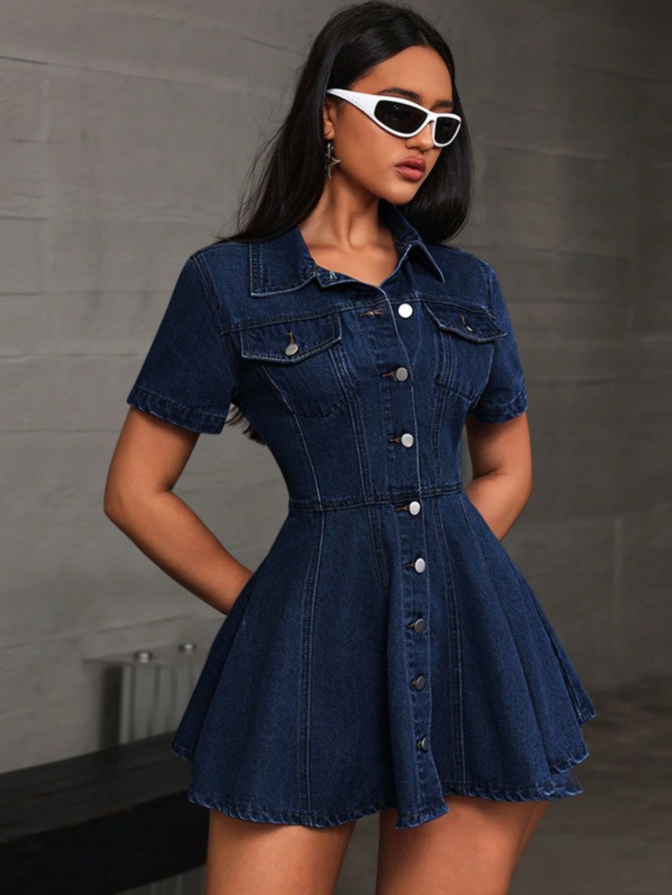 Women's Classic denim dress - Structured fit, Belted waist, Mid-thigh length, Lapel collar, Machine Washable Everyday & Formal Outfits - Casual to Formal Events, Jeans Dress, Versatile Event Wear, Enhanced Bust Silhouette