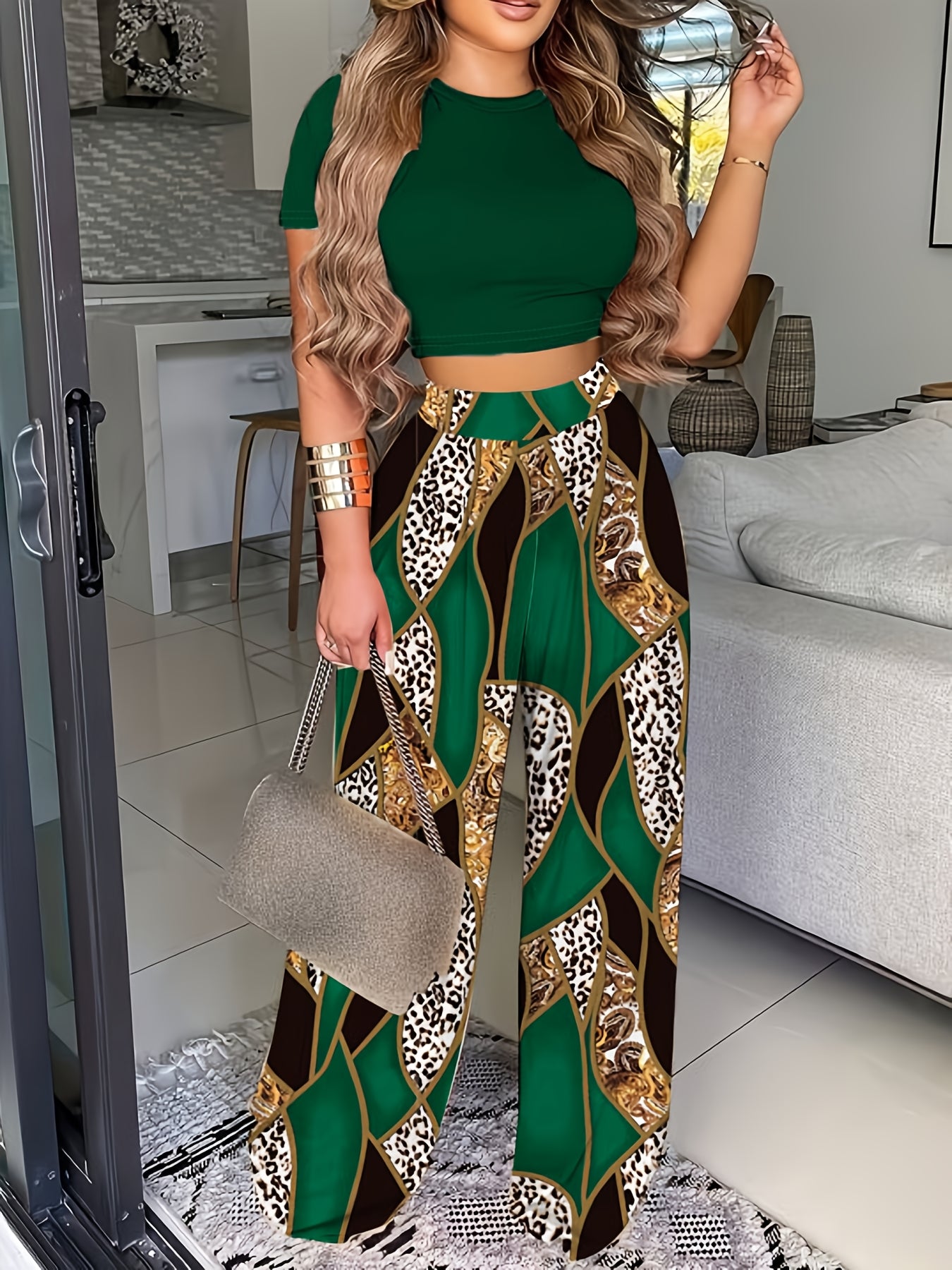 Summer Round Neck Petal Sleeve Vest Trousers Two-Piece Leopard Print Shirt Suit Women